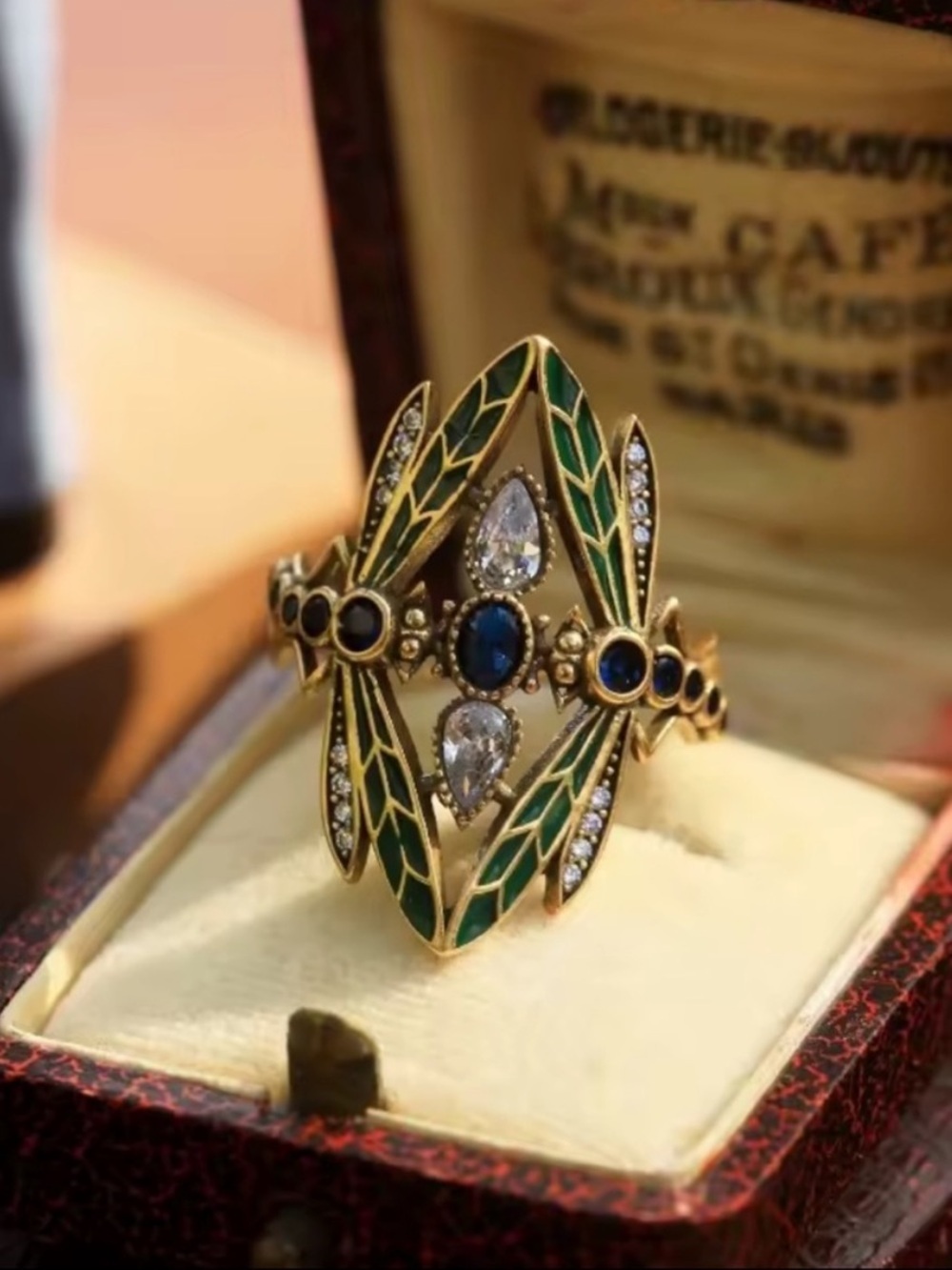 Vintage Green Enamel and Blue Stone Gold Ring
